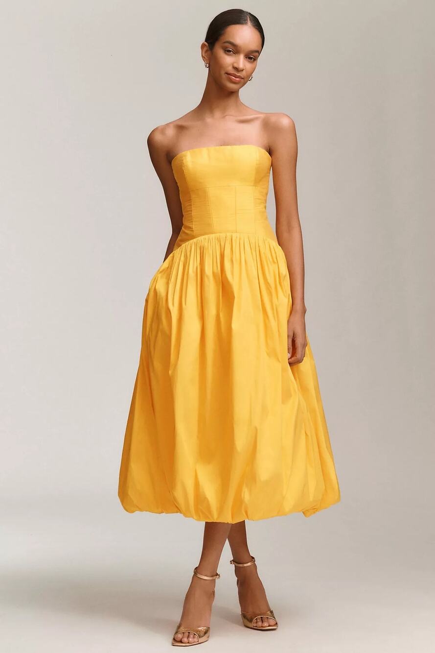 BHLDN Strapless Drop-Waist Bubble Midi Dress Yellow US 6 MSRP $298